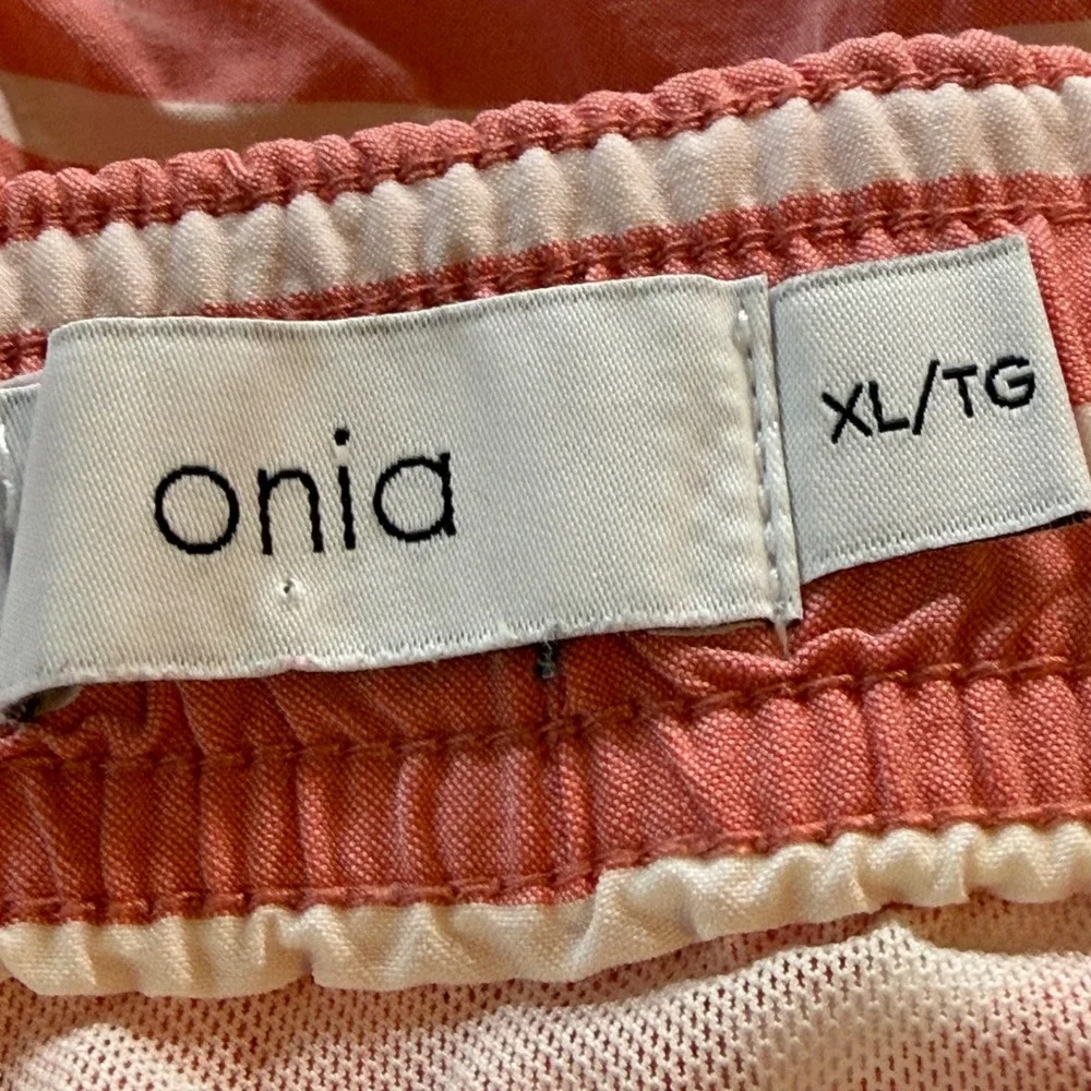 Onia The Calder Mens Red White Striped Swim Trunks XL 7 Inseam Board Shorts